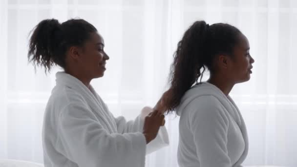 Opiekuńcza młoda Afroamerykanka czesająca włosy swojej pięknej siostry nastolatki — Wideo stockowe