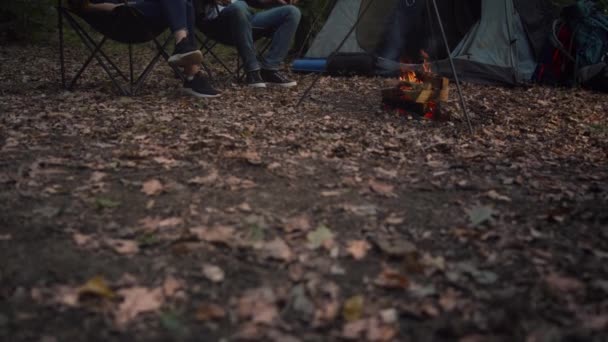 Reste dans la nature. Tournage cinématographique de jeunes hommes et femmes mariés assis près du feu de camp et profitant de parler avec de la bière — Video