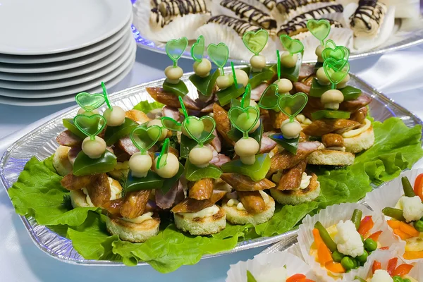 Catering buffet style - sandwiches with sausages on lettuce — Stock Photo, Image