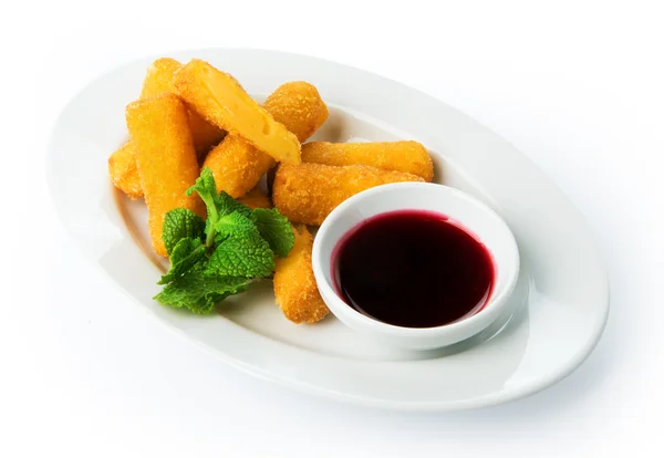 Restaurant food isolated - cheese sticks with berry sauce — Stock Photo, Image