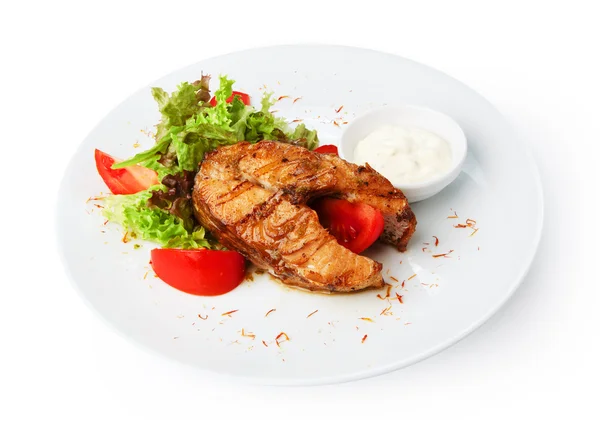 Restaurant food isolated - pikeperch fish steak — Stock Photo, Image