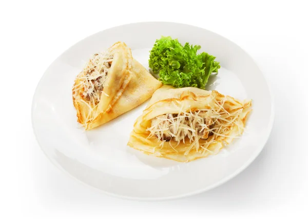 Restaurant food isolated - creamy mushroom pancakes with parmesa — Stock Photo, Image