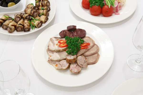 Catering - served table with meat snacks — Stock Photo, Image