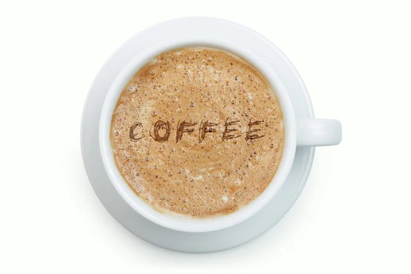 White cup of latte with word coffee on it — Stock Photo, Image