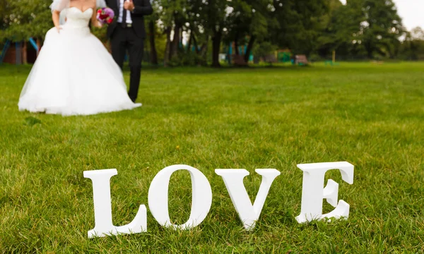 Wedding couple unfocused and love word on the grass — Stock Photo, Image