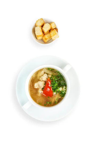 Restaurant food isolated - white fish soup with croutons — Stock Image Restaurant food isolated - white fish soup with croutons Stock Photo