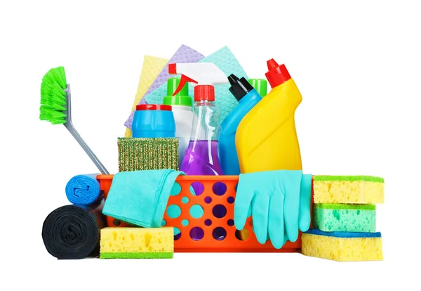 Variety of cleaning supplies in a basket