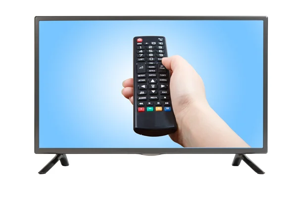 Hand with remote control pointing at modern TV set — Stock Photo, Image