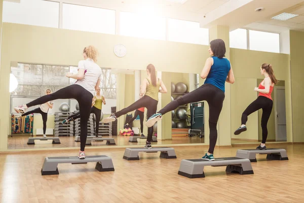 Grupp kvinnor att göra steg aerobics från baksidan — Stockfoto