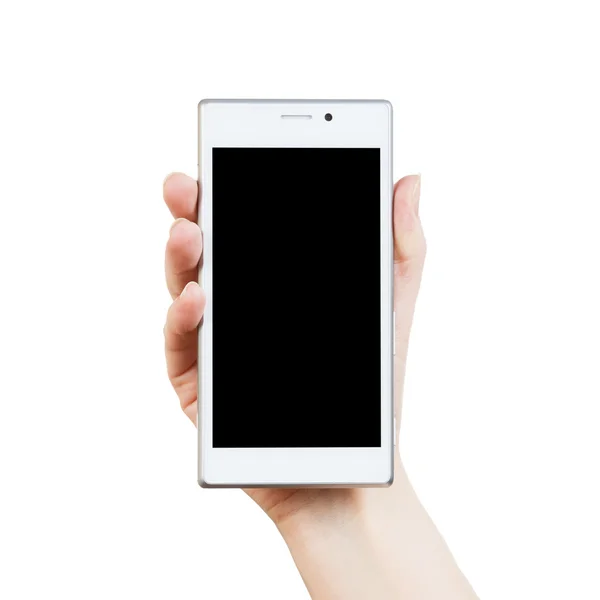 Женская рука с белым смартфоном — стоковое фото