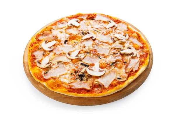 Delicious pizza with mushrooms and smoked chicken — Stock Photo, Image