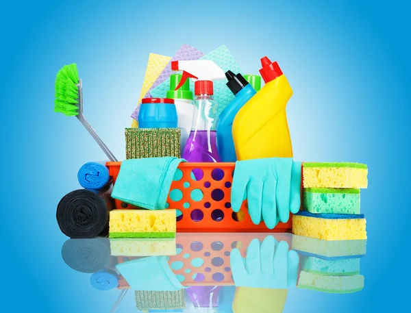 Varietà di prodotti per la pulizia in un cestino — Foto Stock