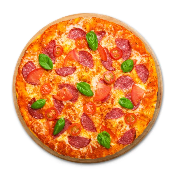 Deliziosa pizza con salame e pomodorini ciliegia — Foto Stock