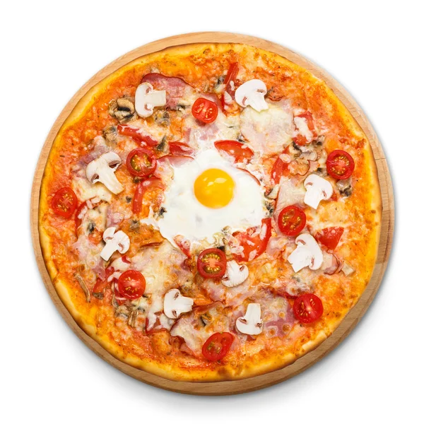 Delicious pizza with mushrooms, bacon and egg — Stock Photo, Image