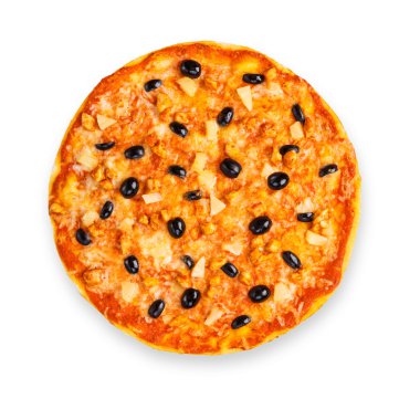 Ananas, tavuk ve zeytin lezzetli pizza