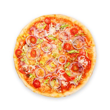 Soğan, pastırma ve kiraz domates ile lezzetli pizza