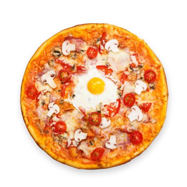 Mantar, pastırma ve yumurta ile lezzetli pizza