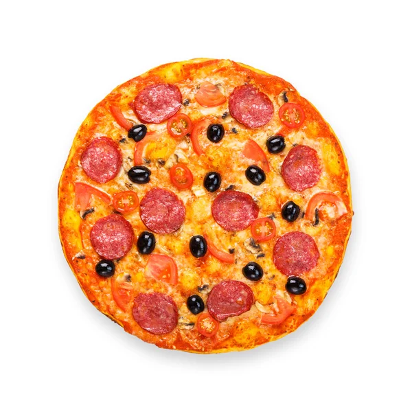 Deliziosa pizza con salumi, funghi e olive — Foto Stock