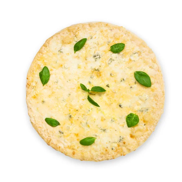 Vynikající pizza čtyři sýr s bazalkou listy — Stock fotografie