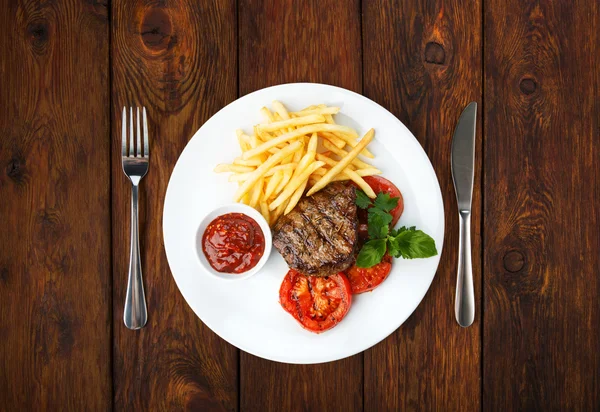 Restaurant food - beef grilled steak with french fries — Stock Photo, Image
