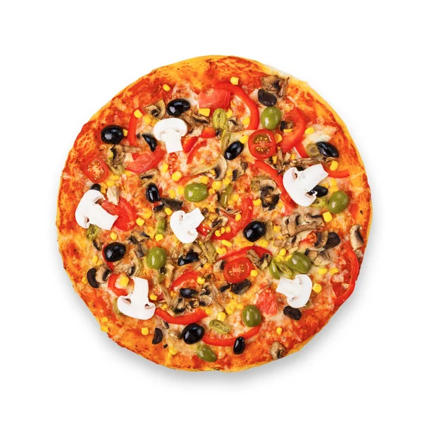 Deliziosa pizza vegetariana con pomodori, funghi e olive — Foto Stock