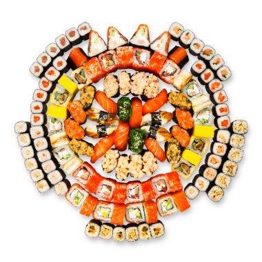 Big set of sushi, maki, gunkan and rolls isolated at white