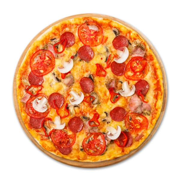 Delicious pizza with mushrooms, chili and pepperoni — Stock Photo, Image