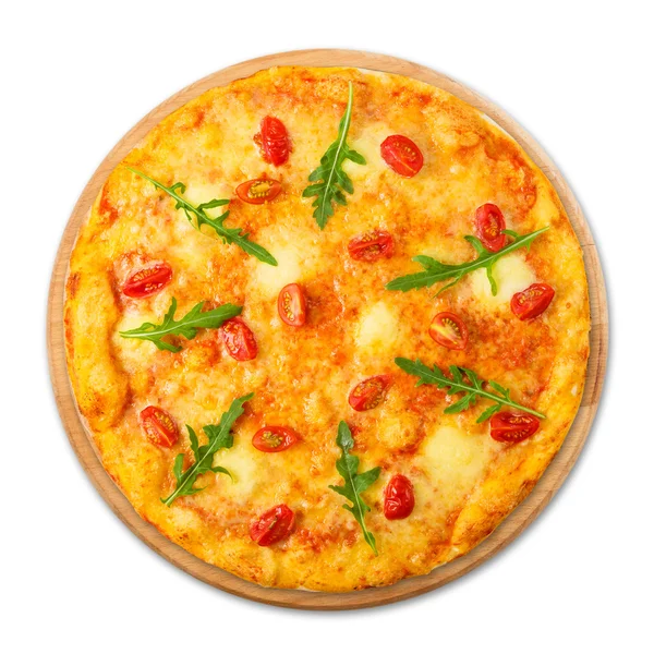 Delicious pizza with cherry tomatoes, mozzarella and fresh arugu — Stock Photo, Image