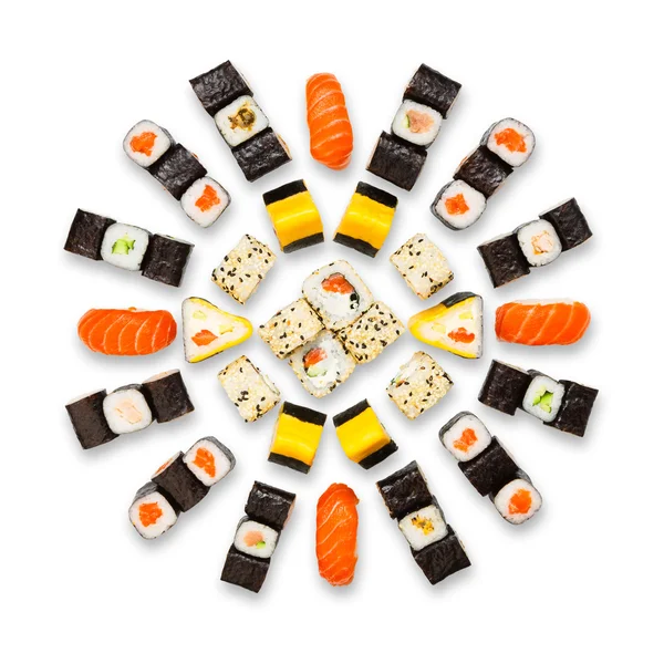 Sushi, maki és elszigetelt fehér zsemle — Stock Fotó