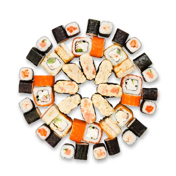 Set de sushi, maki y rollos aislados en blanco — Foto de Stock