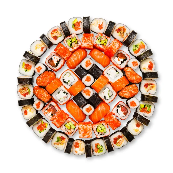 Conjunto de sushi, maki, gunkan e rolos isolados a branco — Fotografia de Stock