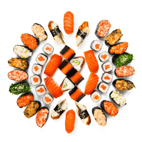 Csoportja, sushi, maki, gunkan és elszigetelt fehér zsemle — Stock Fotó