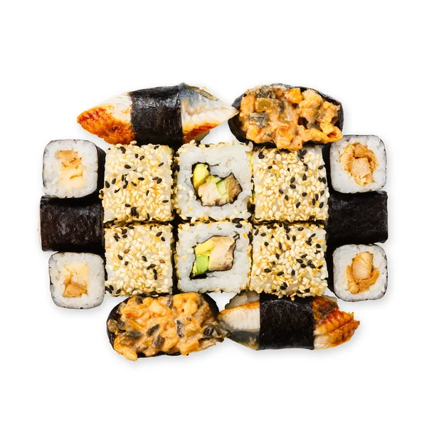 Zestaw sushi, maki i rolki na białym tle w białej — Zdjęcie stockowe