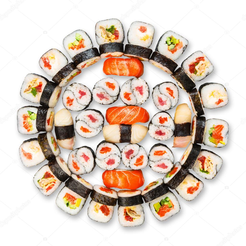 Set of sushi, maki, gunkan and rolls isolated at white