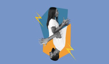 Bu kolaj, renkli bir arkaplana karşı, anlamlı hareketler yapan iki kişiyi içeriyor. Tasarım cesur şekiller ve enerjik elementler içeriyor, canlı atmosferi arttırıyor..