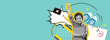 Canlı bir kolaj zaferle yumruk kaldıran mutlu bir çocuğu temsil eder. Etrafında okul malzemeleri, spor ve neşeli renkler var. Öğrenmenin ve oynamanın heyecanını sergiliyorlar..