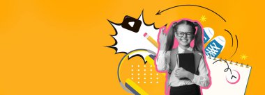 Neşeli bir öğrenci elinde renkli okul malzemeleri ve yaratıcı tasarımlarla çevrili bir defterle poz veriyor. Canlı arka plan, öğrenmeyi ve eğlenceyi temsil eden eğlenceli unsurları içeriyor..