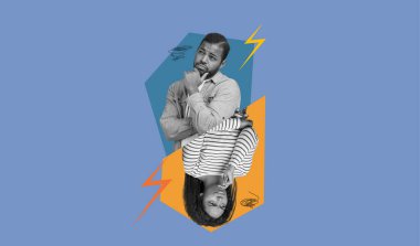 Renkli bir kolaj, mavi bir arkaplana karşı özenle poz veren iki kişiyi içerir. Karşıt ifadeleri ve stilleri bu sanat koleksiyonunda ilgi çekici bir görsel diyalog yaratıyor..