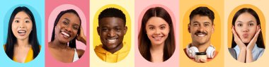 Renkli bir kolajda altı farklı kişi gülümseyip kişiliklerini sergiliyor. Her insan neşe saçar, neşeli arka planlar ve çekici ifadelerle vurgulanır..