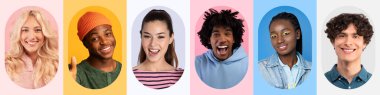Renkli bir kolajda her biri neşeli ifadeler sergileyen altı kişi yer alıyor. Çeşitli gruplar, parlak, pastel arka planlara karşı farklı saç stilleri ve kıyafetler sergiliyor..