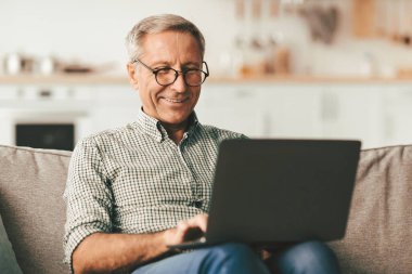 Evde koltukta oturan gözlüklü dizüstü bilgisayar kullanan mutlu bir son sınıf öğrencisi. Yaşlılıkta serbest meslek sahibi olmak. Olgun İnsanlar ve Gadget Kavramı