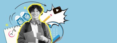 Neşeli bir genç, elinde akıllı bir telefon ve birkaç defter tutarak güvenle ayakta duruyor. Okul malzemeleri ve tasarımlarının renkli çizimleri sahneyi çevreleyerek canlı bir atmosfer yaratıyor..