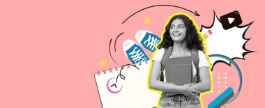 Mutlu bir öğrenci renkli okul malzemeleri ve eğlenceli tasarımlarla dolu canlı bir kolajda kitap tutuyor. Ayarlama, öğrenme ve yaratıcılıkla ilgili enerji ve heyecan veriyor..