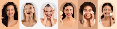 Bu kolaj çeşitli cilt rutinleriyle uğraşan bir grup kadını gösteriyor. Her kadın, ürünlerini uygularken heyecan ve güven sergiler, kendine bakmanın zevkini vurgular..