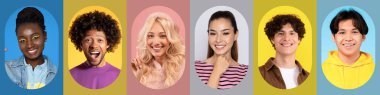Canlı bir kolaj rengarenk ortamlarda gülümseyen altı farklı kişiyi içerir..