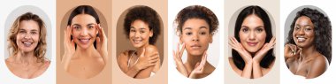 Bir kolaj, farklı geçmişlere sahip altı kadını gülümserken ve ciltleriyle etkileşime girerken gösteriyor. Her kadının kendine has bir saç stili ve doğal güzelliği var. Cilt farkındalığını arttırıyor..