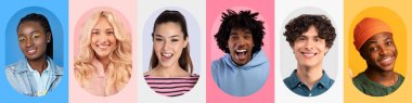 Bir kolaj, canlı pastel arka planlara neşe içinde gülümseyen bir grup genci gösteriyor..