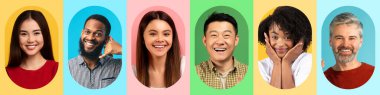 Renkli bir kolajda farklı etnik kökenlere sahip altı kişi gösteriliyor. Gülümsüyor ve değişik neşe ve dostluk ifadeleri sergiliyorlar..