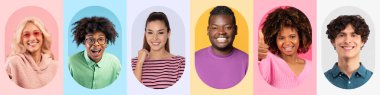 Canlı bir kolaj, farklı saç stilleri ve kıyafetleri olan neşeli ifadeli altı kişiyi gösteriyor..