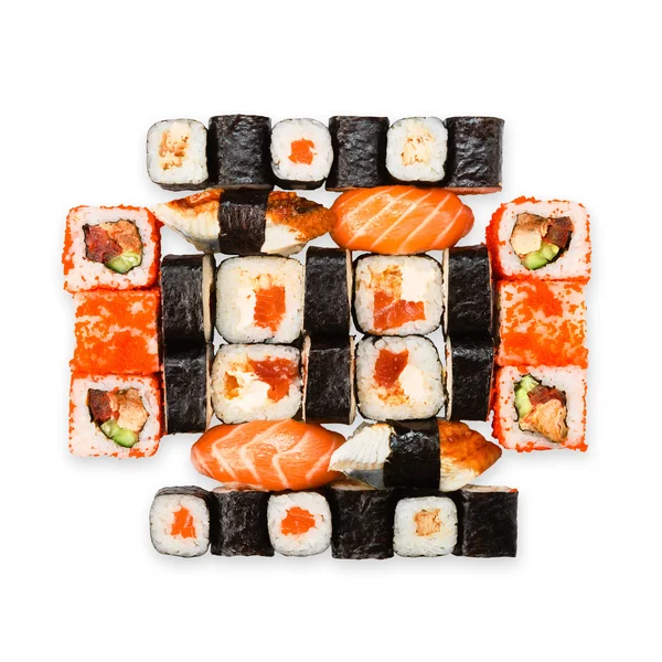 Set de sushi, maki, gunkan y rollos aislados en blanco — Foto de Stock